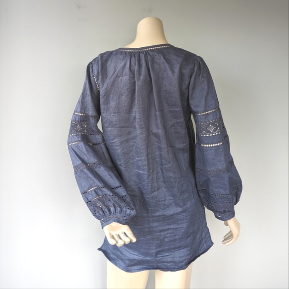 Irving & Fine Blue Crochet Long Sleeve Boho Tunic Top - Picture 7 of 9